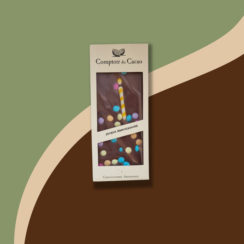 Tablette chocolat lait "Joyeux Anniversaire" 90g Comptoir du Cacao | Chocolat | Morgane café MHD