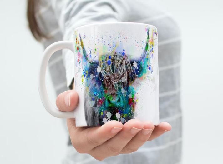 Mug "Vache Highland éclaboussures d'encre colorées" 330ml Eiledon Art For All | Tasse | Morgane café MHD