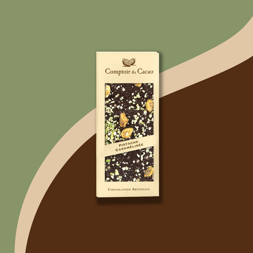 Tablette chocolat noir avec pistaches caramélisées 90g Comptoir du Cacao | Chocolat | Morgane café MHD