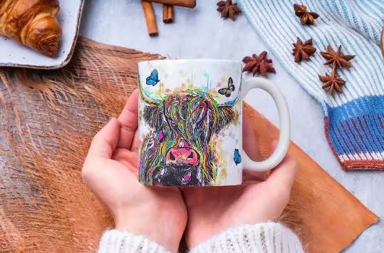 Mug "Vache Highland et papillons" 330ml Eiledon Art For All | Tasse | Morgane café MHD